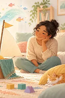 Pastel illustration of a child imagining a cardboard boat adventure beside a caregiver