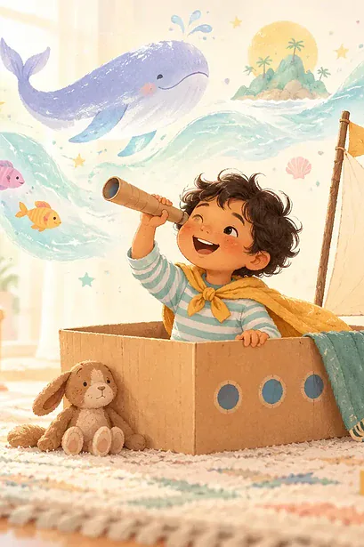 Pastel illustration of a child imagining a cardboard boat adventure beside a caregiver