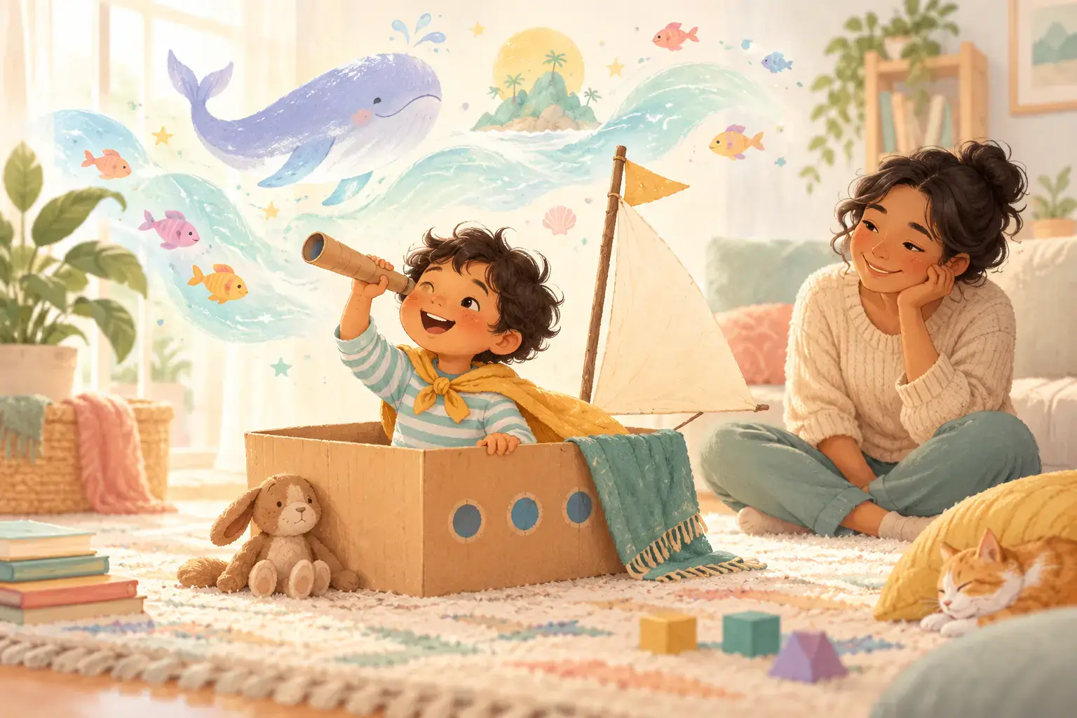 Pastel illustration of a child imagining a cardboard boat adventure beside a caregiver