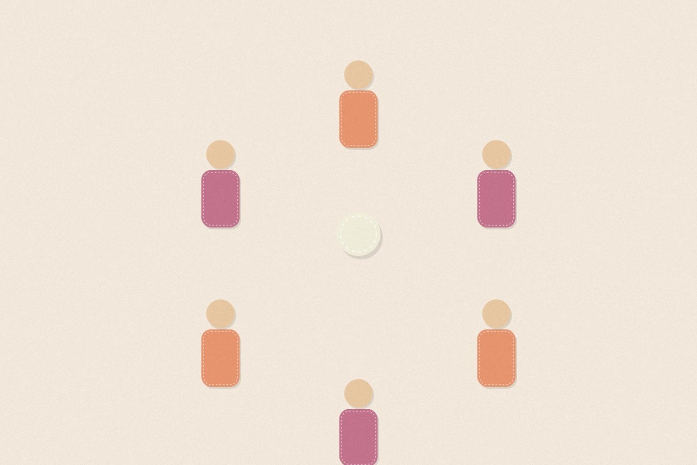 Felt appliqué style illustration of colourful soft rounded figures with dashed stitch borders, arranged for the activity 'Steal the Bone: a silent stealth game'