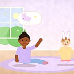 Illustration of a parent telling a story on a rug with an arm raised while a child wearing paper bunny ears hops beside a moonlit window