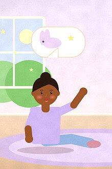 Illustration of a parent telling a story on a rug with an arm raised while a child wearing paper bunny ears hops beside a moonlit window