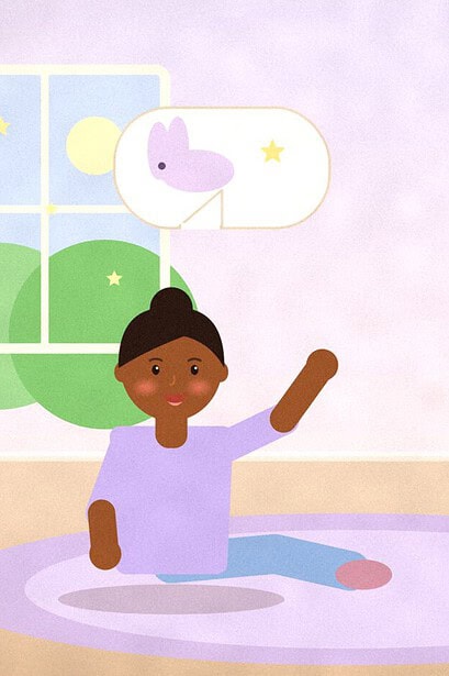 Illustration of a parent telling a story on a rug with an arm raised while a child wearing paper bunny ears hops beside a moonlit window