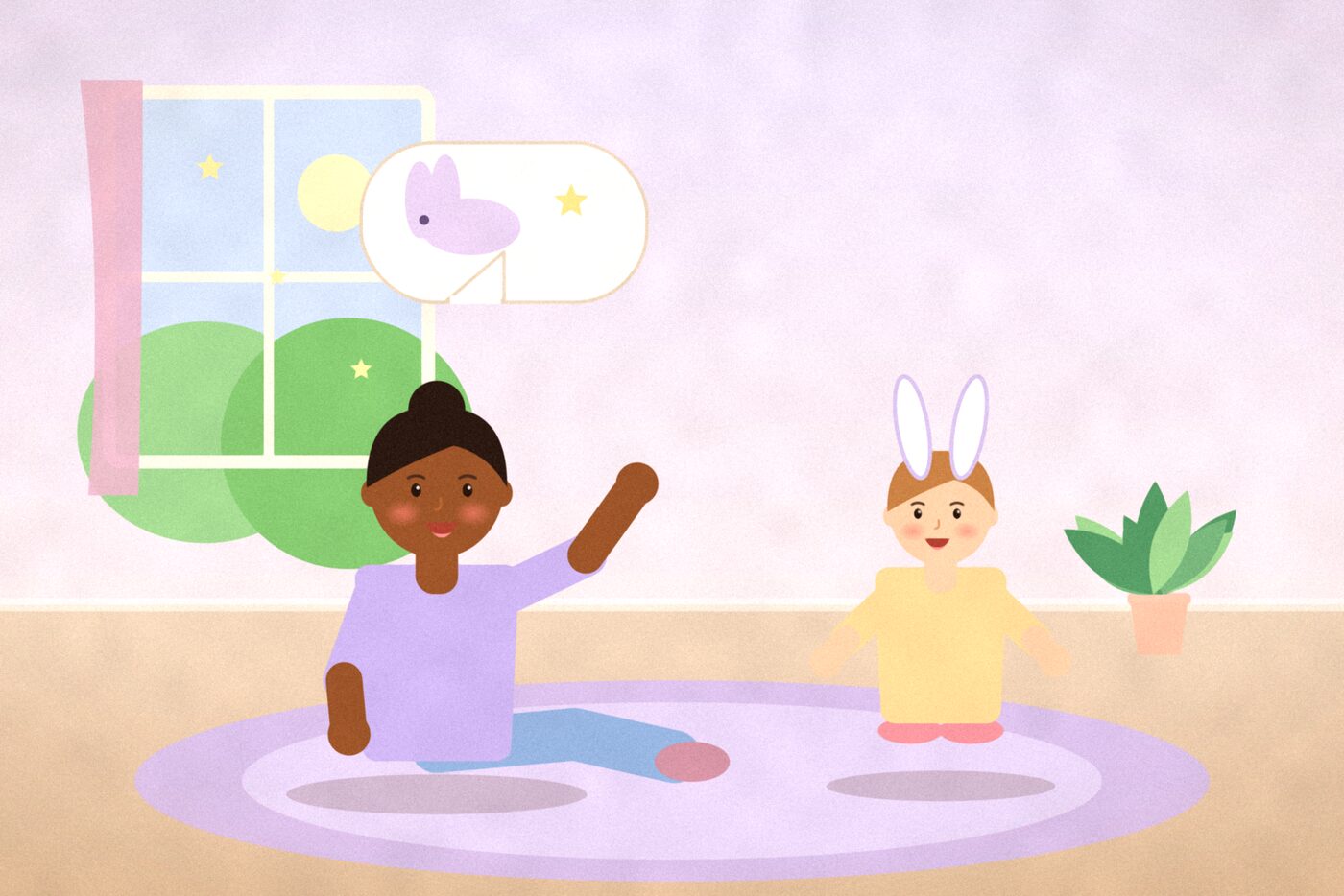 Illustration of a parent telling a story on a rug with an arm raised while a child wearing paper bunny ears hops beside a moonlit window