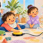 A young child presses a large yellow switch to run a bubble machine while a sibling waits for a turn