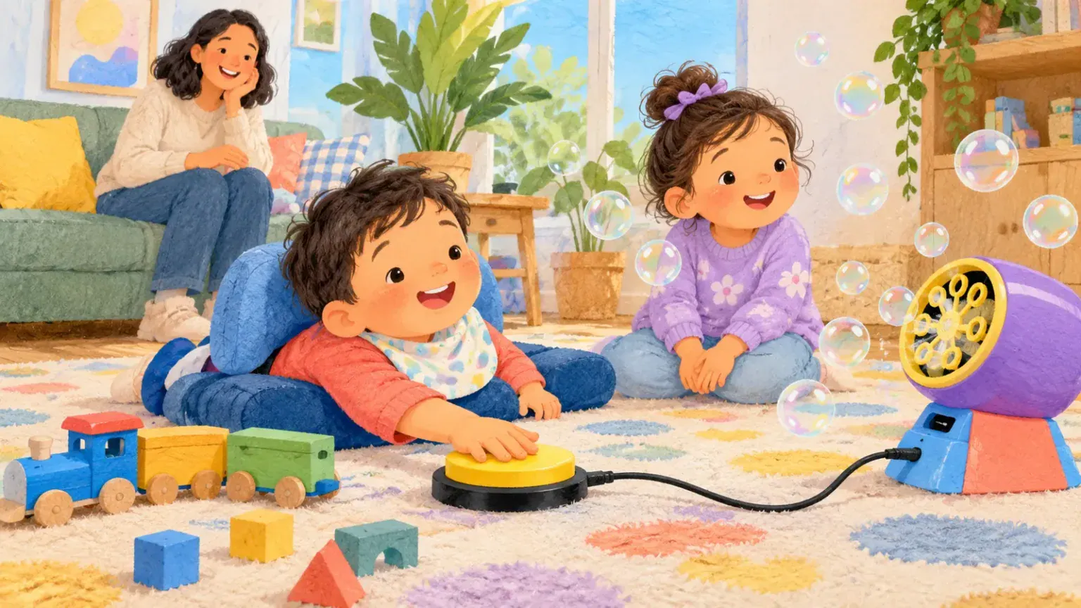 A young child presses a large yellow switch to run a bubble machine while a sibling waits for a turn