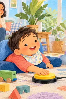 A young child presses a large yellow switch to run a bubble machine while a sibling waits for a turn