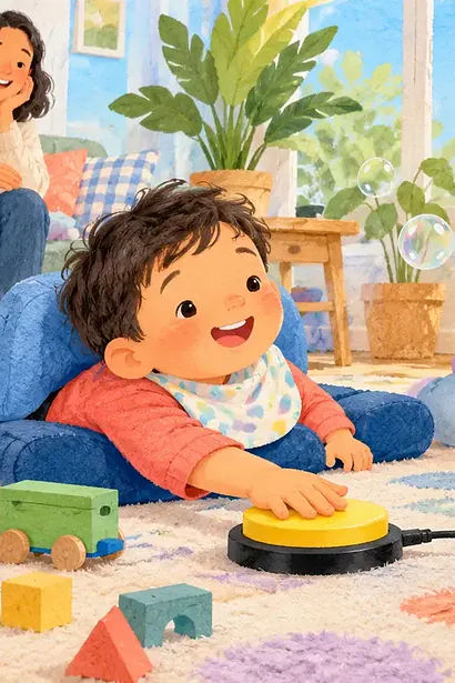A young child presses a large yellow switch to run a bubble machine while a sibling waits for a turn