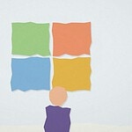 Paper-cut collage illustration of a four-quadrant grid in different colours representing a SWOT self-reflection exercise, with a teenager figure standing before it