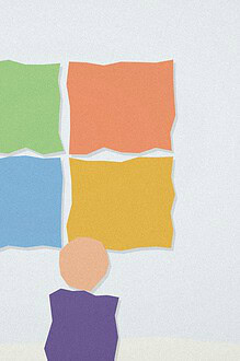 Paper-cut collage illustration of a four-quadrant grid in different colours representing a SWOT self-reflection exercise, with a teenager figure standing before it