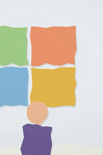 Paper-cut collage illustration of a four-quadrant grid in different colours representing a SWOT self-reflection exercise, with a teenager figure standing before it