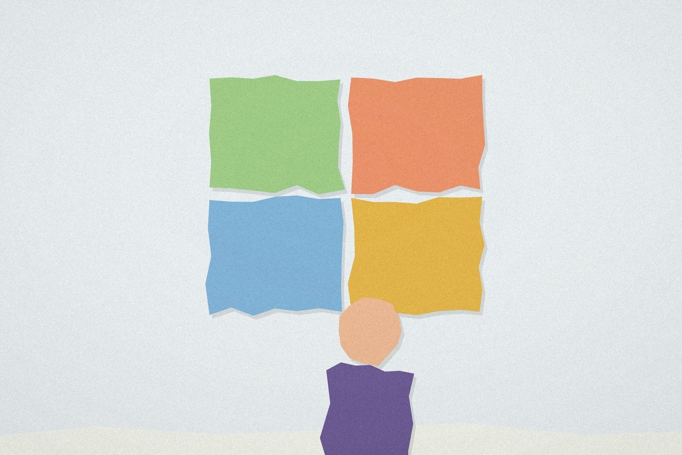 Paper-cut collage illustration of a four-quadrant grid in different colours representing a SWOT self-reflection exercise, with a teenager figure standing before it