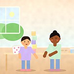 Illustration of two children at a table with a large dice, a tower of blocks, an egg carton and small buckets for counting games