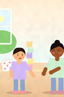 Illustration of two children at a table with a large dice, a tower of blocks, an egg carton and small buckets for counting games