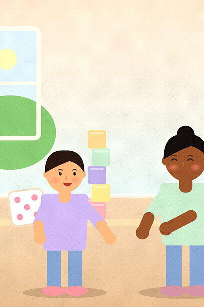 Illustration of two children at a table with a large dice, a tower of blocks, an egg carton and small buckets for counting games