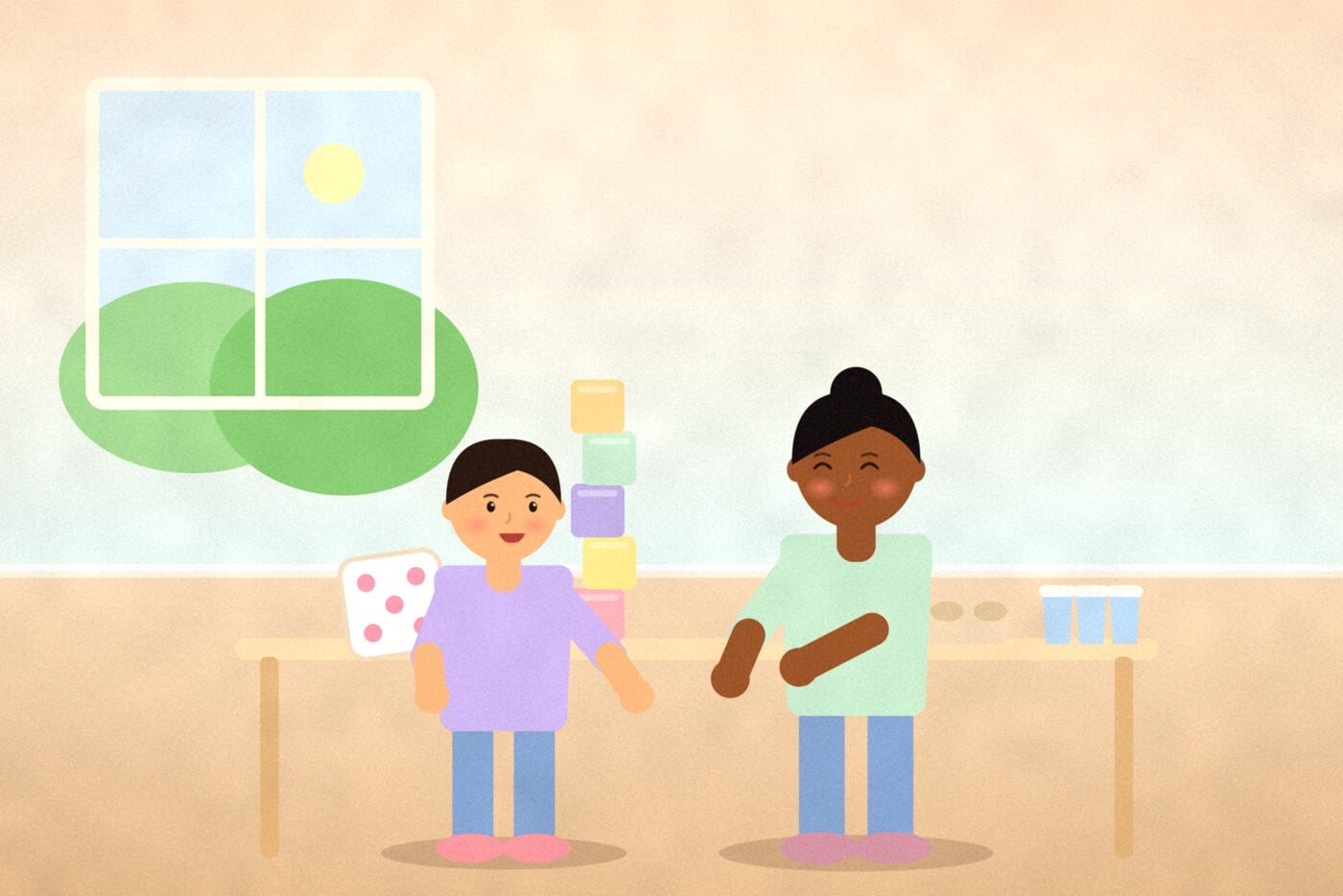 Illustration of two children at a table with a large dice, a tower of blocks, an egg carton and small buckets for counting games