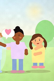 Illustration of children playing tag in a park, one frozen like ice and another offering a kind word shown as a heart