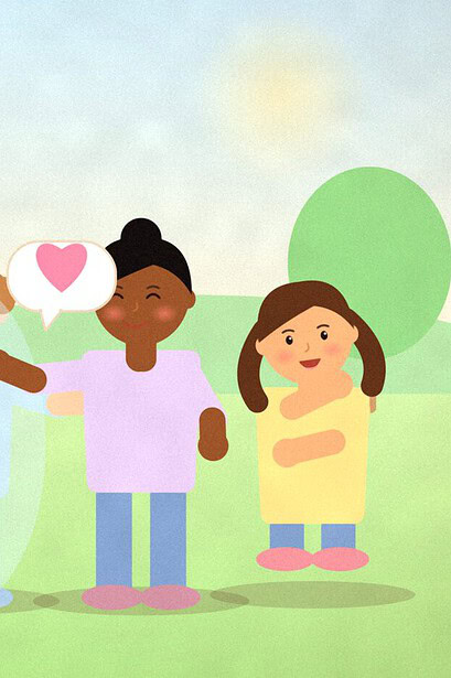 Illustration of children playing tag in a park, one frozen like ice and another offering a kind word shown as a heart