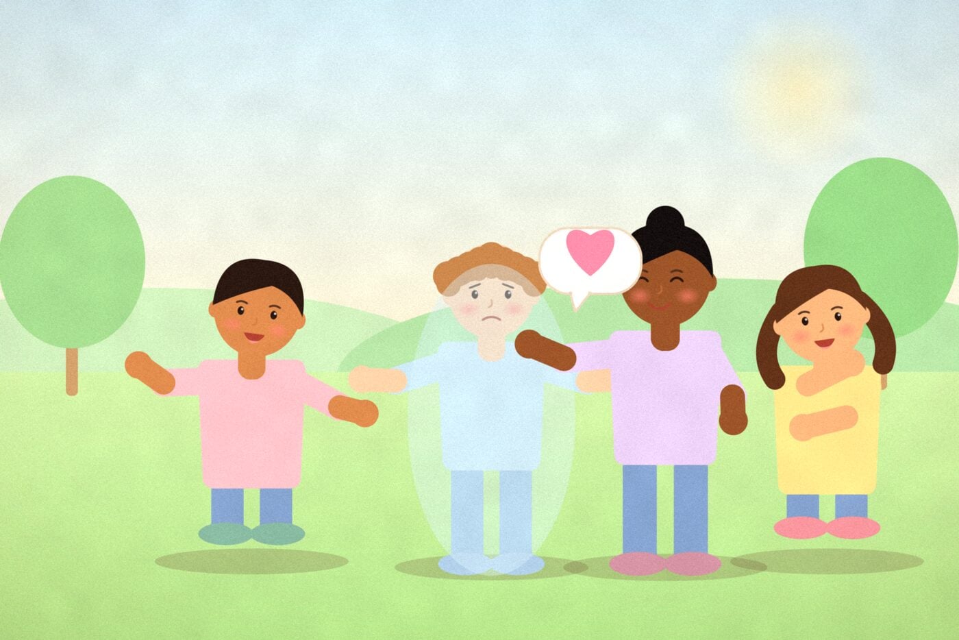 Illustration of children playing tag in a park, one frozen like ice and another offering a kind word shown as a heart