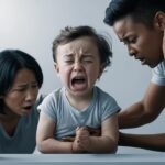 A distressed toddler crying loudly, supported by two concerned adults, likely parents, as they try to comfort and calm the child. The scene captures a moment of emotional intensity, with worried expressions on the adults' faces and the child's tears clearly visible.