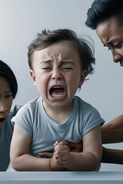 A distressed toddler crying loudly, supported by two concerned adults, likely parents, as they try to comfort and calm the child. The scene captures a moment of emotional intensity, with worried expressions on the adults' faces and the child's tears clearly visible.