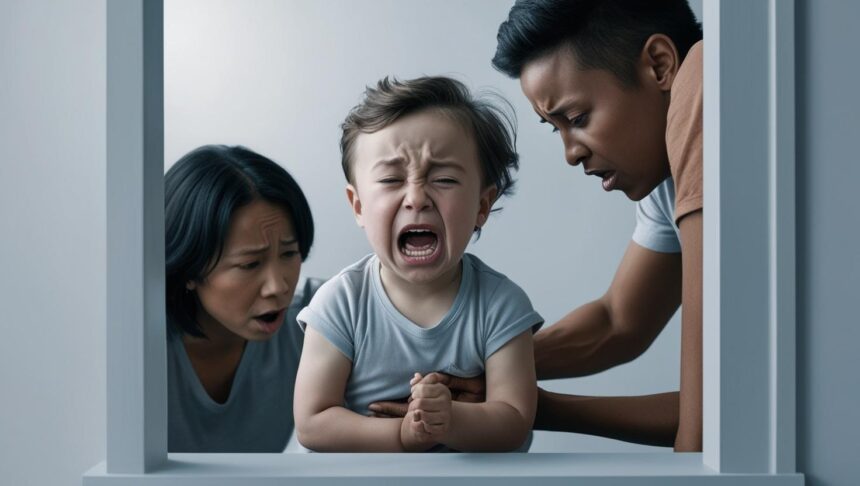 A distressed toddler crying loudly, supported by two concerned adults, likely parents, as they try to comfort and calm the child. The scene captures a moment of emotional intensity, with worried expressions on the adults' faces and the child's tears clearly visible.