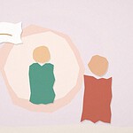 Paper-cut collage illustration of a child figure standing inside a soft protective circle, with a parent figure nearby and a speech bubble, representing a calm body safety conversation