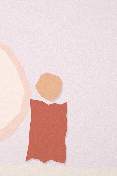 Paper-cut collage illustration of a child figure standing inside a soft protective circle, with a parent figure nearby and a speech bubble, representing a calm body safety conversation