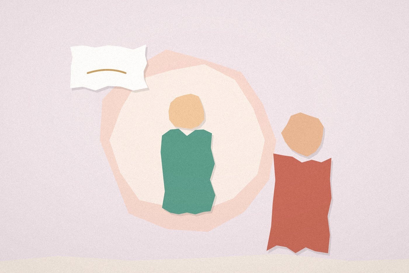 Paper-cut collage illustration of a child figure standing inside a soft protective circle, with a parent figure nearby and a speech bubble, representing a calm body safety conversation