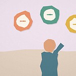 Paper-cut collage illustration of three badge shapes in different colours representing inner strengths, support, and skills, with a figure reaching up toward them