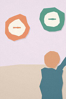 Paper-cut collage illustration of three badge shapes in different colours representing inner strengths, support, and skills, with a figure reaching up toward them