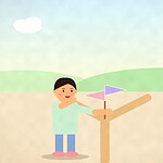 Illustration of a teenager standing at a signpost with two coloured flags pointing in different directions across an open field
