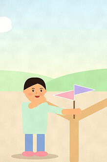 Illustration of a teenager standing at a signpost with two coloured flags pointing in different directions across an open field