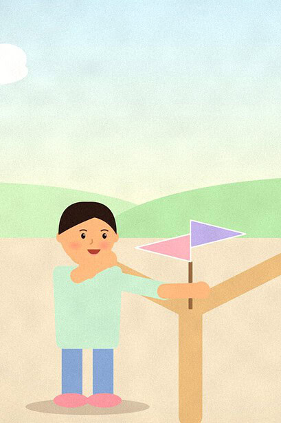 Illustration of a teenager standing at a signpost with two coloured flags pointing in different directions across an open field