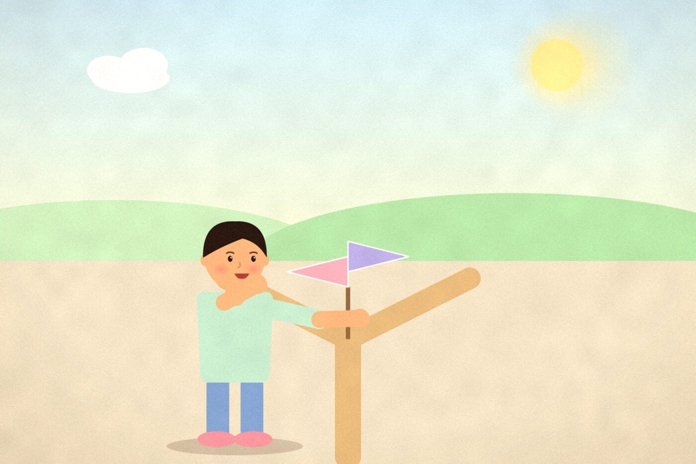 Illustration of a teenager standing at a signpost with two coloured flags pointing in different directions across an open field