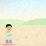 Illustration of a teenager walking along a path of stepping stones across a sunny field toward a small flag on a distant hill
