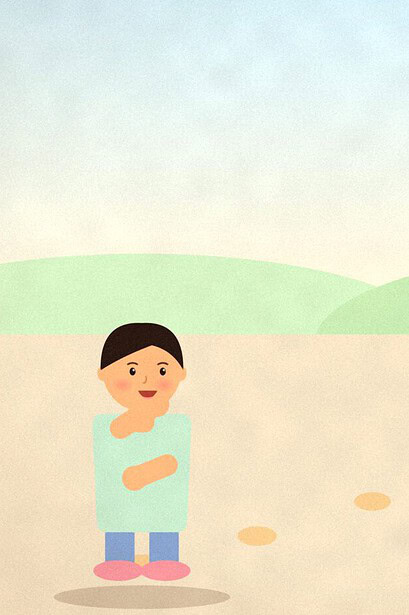 Illustration of a teenager walking along a path of stepping stones across a sunny field toward a small flag on a distant hill