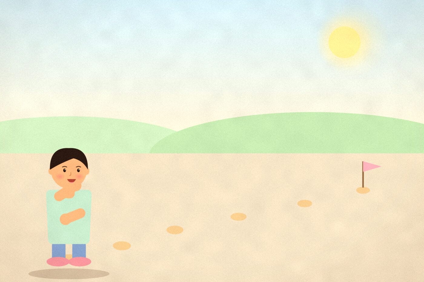 Illustration of a teenager walking along a path of stepping stones across a sunny field toward a small flag on a distant hill