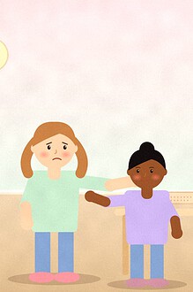 Illustration of a teenager standing near a table with a piece of paper marked with red underlines, while a parent approaches with a gentle expression