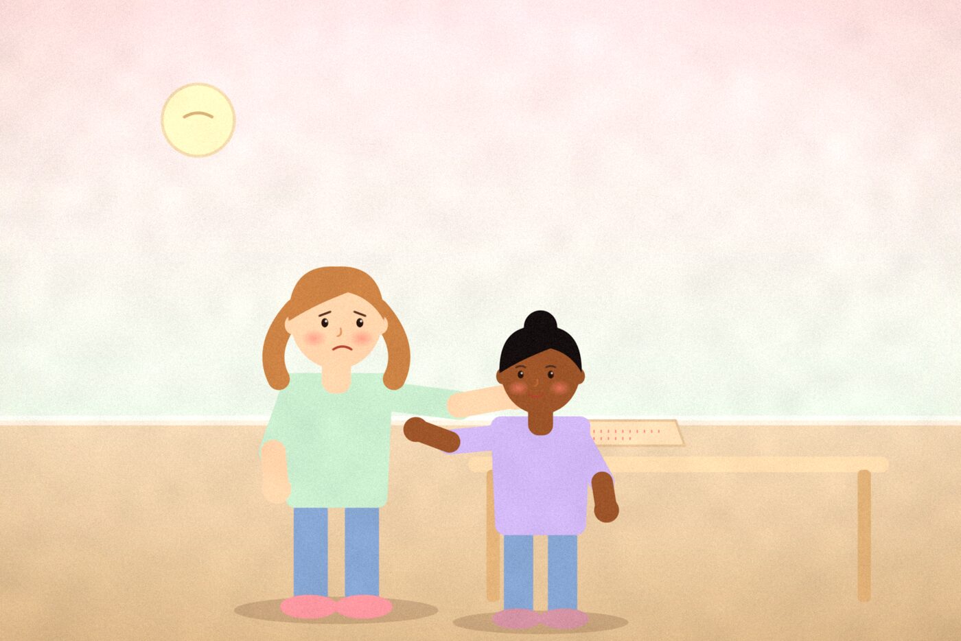 Illustration of a teenager standing near a table with a piece of paper marked with red underlines, while a parent approaches with a gentle expression