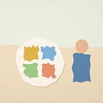Paper-cut collage illustration of a round plate divided into colourful torn-paper food wedges, with a teenager figure standing beside it
