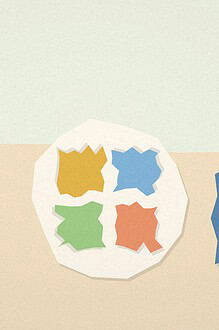 Paper-cut collage illustration of a round plate divided into colourful torn-paper food wedges, with a teenager figure standing beside it
