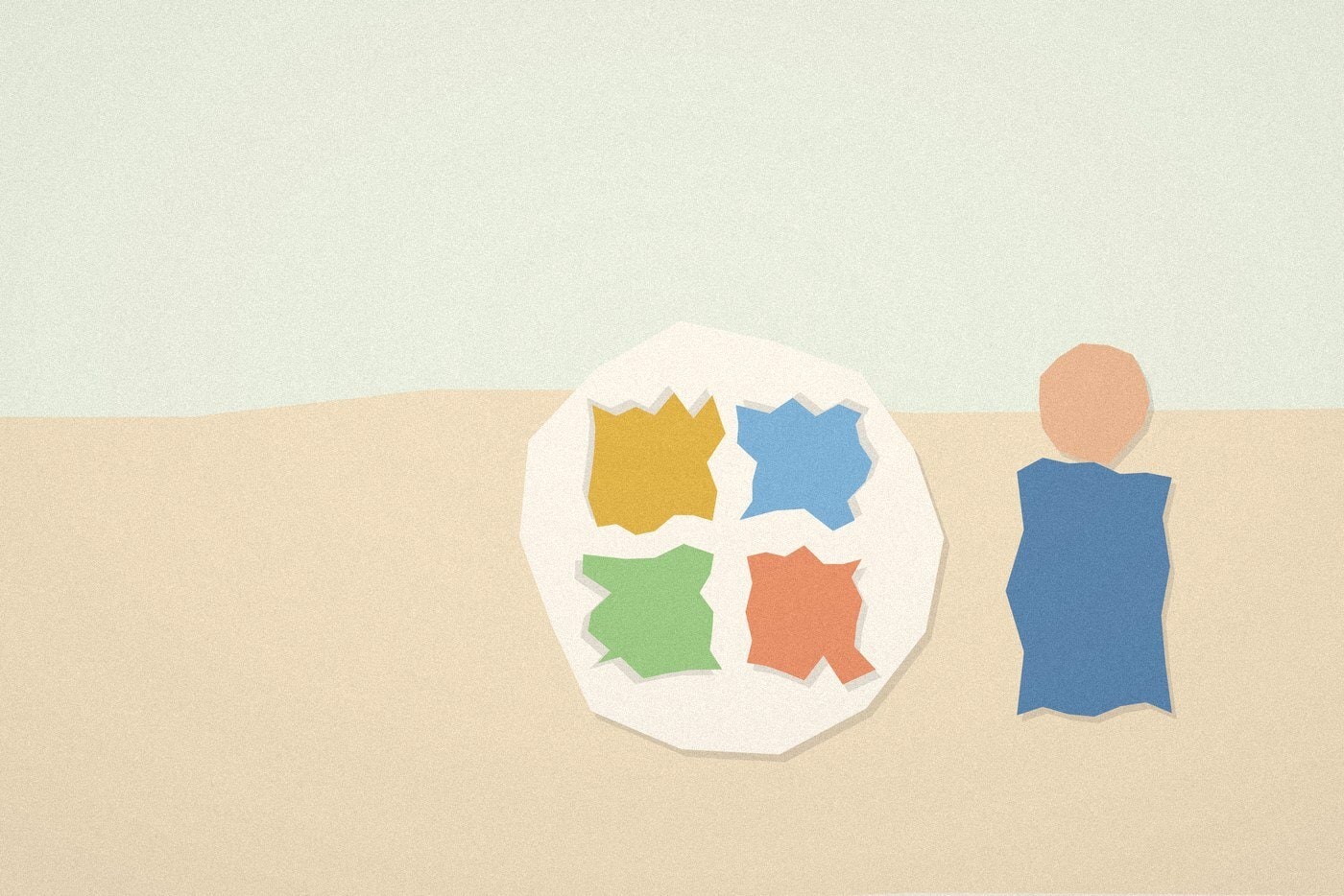 Paper-cut collage illustration of a round plate divided into colourful torn-paper food wedges, with a teenager figure standing beside it