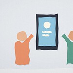 Paper-cut collage illustration of a smartphone screen shape between two teenager figures with raised arms, representing a conversation about social media safety