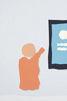 Paper-cut collage illustration of a smartphone screen shape between two teenager figures with raised arms, representing a conversation about social media safety