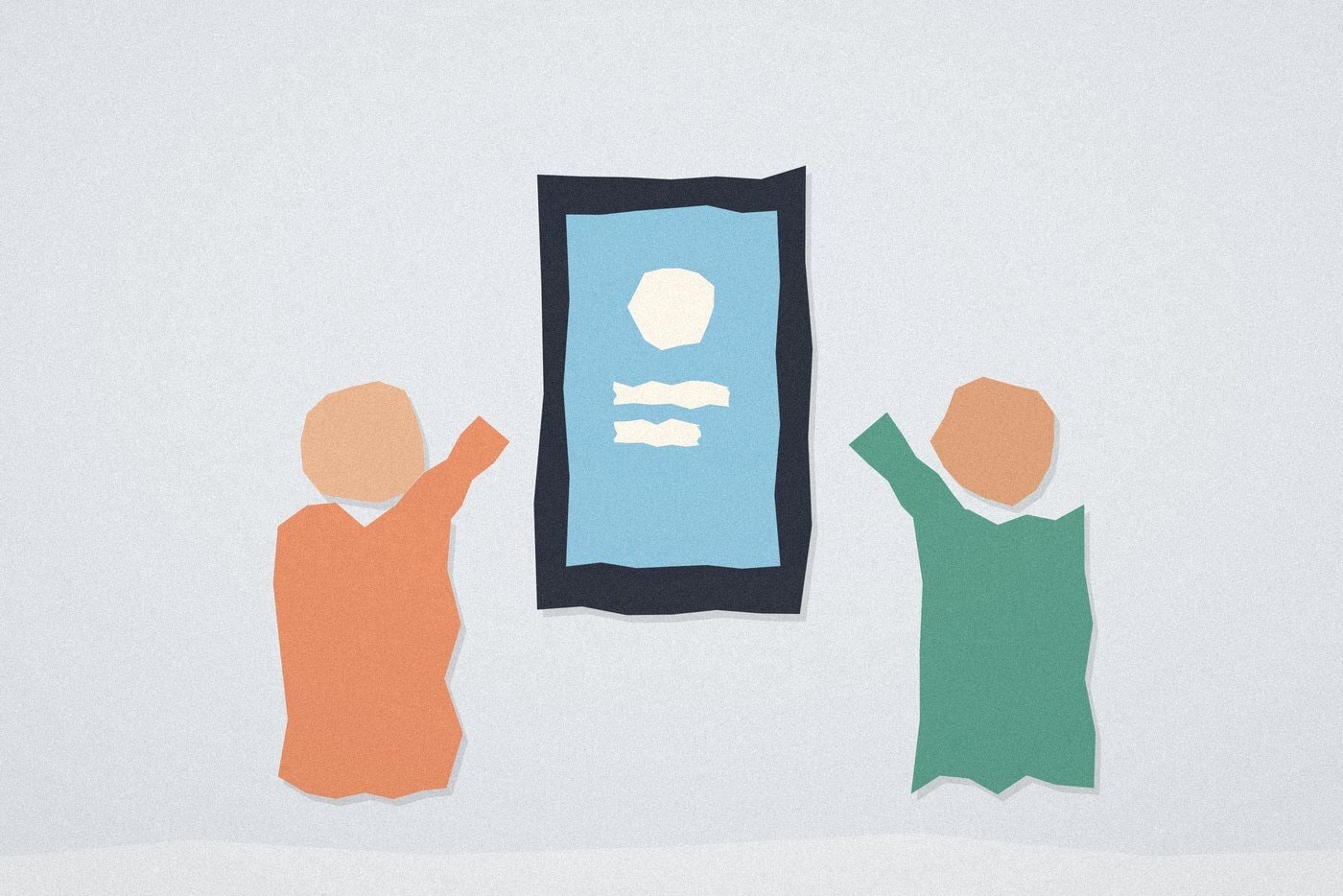 Paper-cut collage illustration of a smartphone screen shape between two teenager figures with raised arms, representing a conversation about social media safety