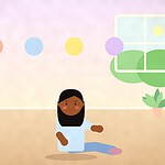 Illustration of a teenager sitting cross-legged on a rug surrounded by four soft coloured circles representing different feelings