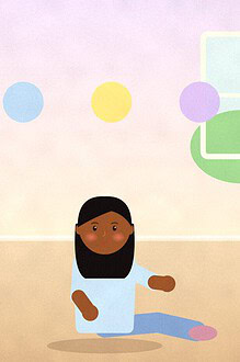 Illustration of a teenager sitting cross-legged on a rug surrounded by four soft coloured circles representing different feelings