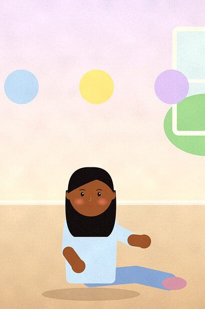 Illustration of a teenager sitting cross-legged on a rug surrounded by four soft coloured circles representing different feelings