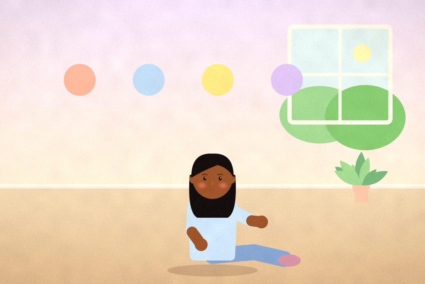 Illustration of a teenager sitting cross-legged on a rug surrounded by four soft coloured circles representing different feelings